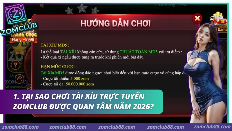 Giao diện chơi tài xỉu trực tuyến Zomclub với khu vực chọn cửa Tài Xỉu và lịch sử phiên