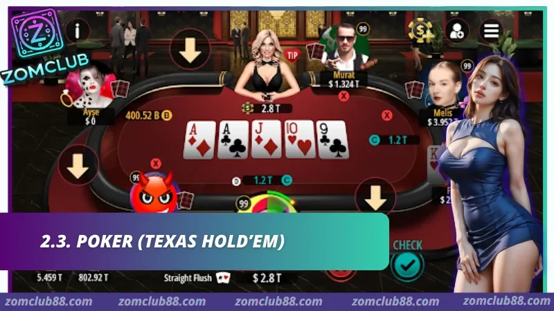 Người chơi chọn Poker trong nhóm game bài đổi thưởng Zomclub theo chiến thuật và mức vốn phù hợp